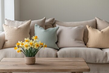 Minimalist Interior This is a modern interior design of the living room, where you can see flowers and sofas on the table. Generative AI

