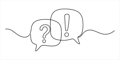Speech bubbles with question and exclamation mark continuous single line art drawing sketch on white background