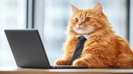 Pet roleplay concept. Business Cat in Formal Attire Working on Laptop at Office Desk