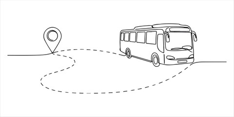 Bus driving on dotted route with map pin continuous single line art drawing sketch on white background