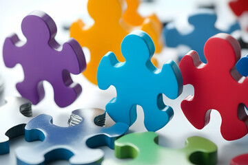 Bright multicolor jigsaw puzzle pieces in close-up, symbolizing teamwork, problem solving, creativity, and connection. Playful, vibrant, and versatile background.