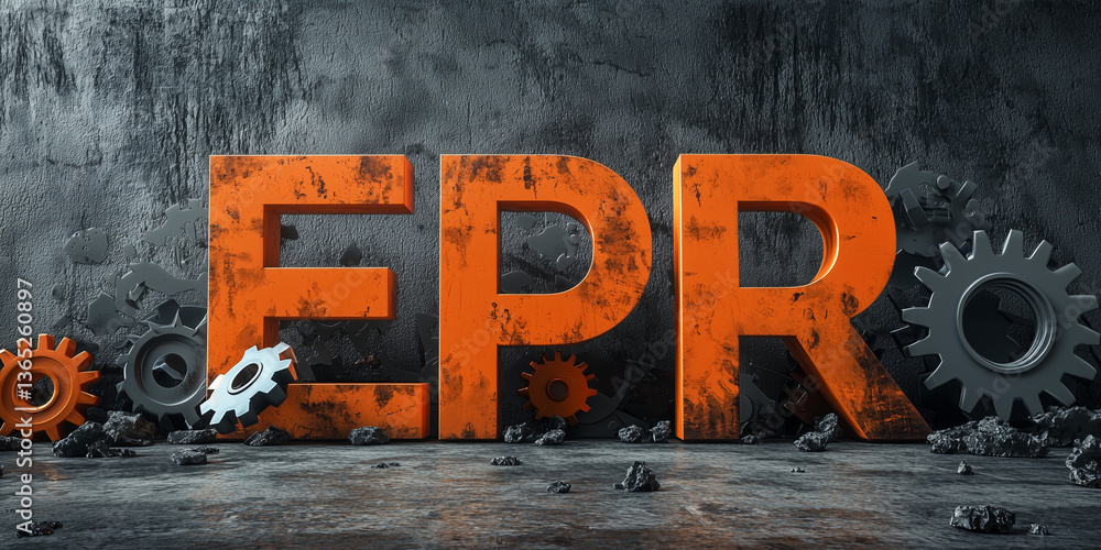 Poster extended producer responsibility (epr) concept, industrial epr system rusty orange letters with gear