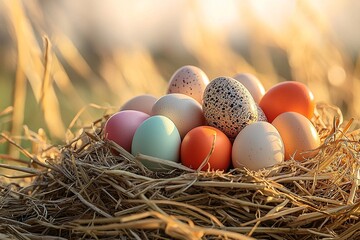 Photograph of a colored Easter egg in a bird's nest. Generative AI
