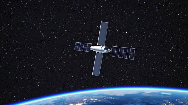 Satellite orbits Earth, capturing stunning views of the planet and deep space beyond while showcasing advanced technology