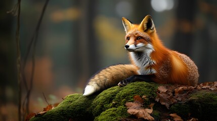 Fototapeta premium Red fox rests alertly on moss-covered log in enchanted woodland, vibrant fur contrasting with green surroundings. Dappled sunlight filters through trees, enhancing the dreamy wildlife composition. 
