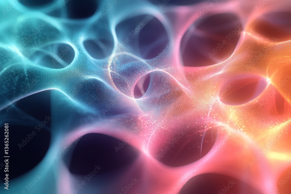 Poster colorful abstract wave patterns flowing in a digital space with ethereal lighting effects