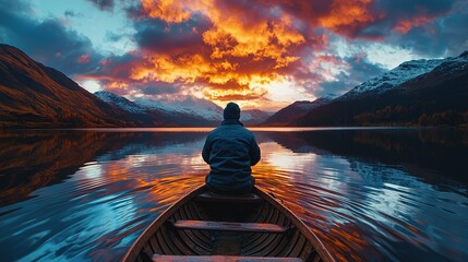 A lone person is seated on a boat at sunset on water
