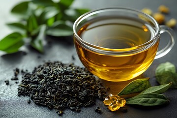 Fototapeta premium Aromatic Black Tea Leaves with Honey and Fresh Green Tea Leaves - Perfect for Beverage Design