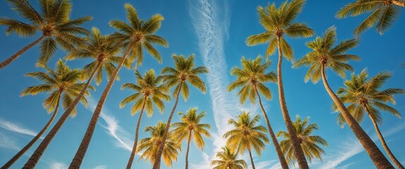 Looking up at lush palm trees with sunlight and blue sky.