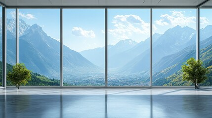 Naklejka premium Empty Spacious Office Room with Large Windows and Mountain View, Modern Interior Design