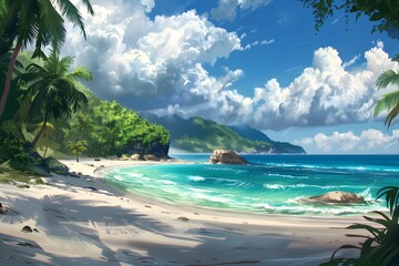 Naklejka premium Tropical beach scene with palm trees and turquoise waters 