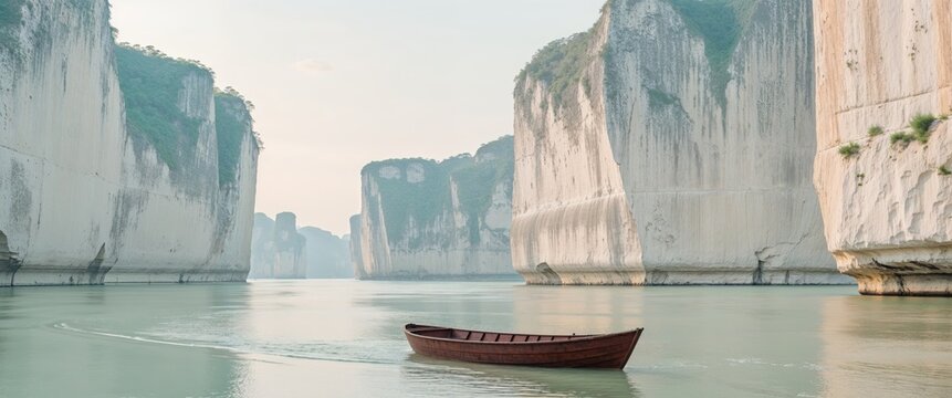 Serene River Landscape with Limestone Cliffs and Small Boat.