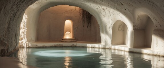 Serene Underground Water Chamber with Arched Niches and Soft Lighting in Natural Stone Setting.