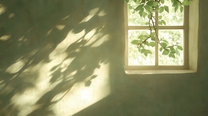 Fototapeta premium Sunlight and Leaf Shadows on a Green Wall