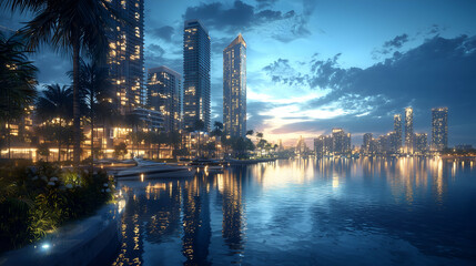 Obraz premium Evening Cityscape Skyline with Vibrant City Lights and Waterfront Reflections - Modern Urban Architecture at Sunset