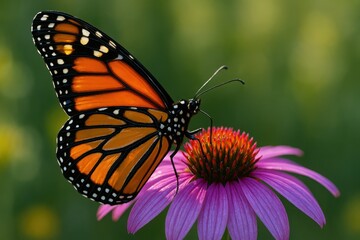 Monarch butterfly perched on vibrant echinacea flower in sunlit garden during warm afternoon

