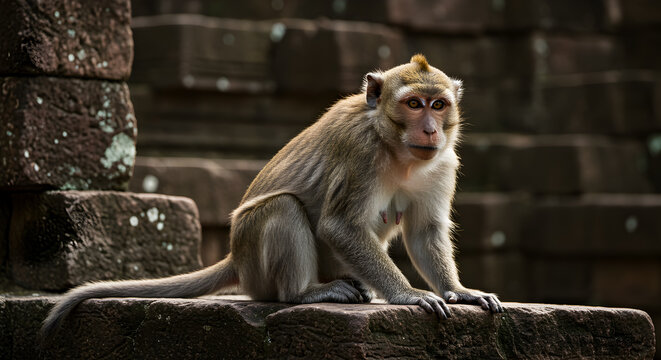 Long-tailed macaque perched thoughtfully among the aged temple stone ruins