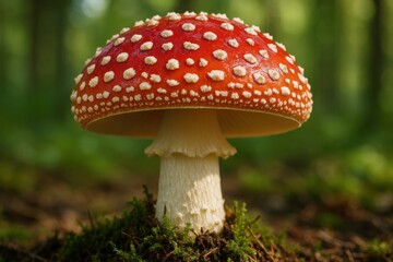 Amanita muscaria mushroom with bright red cap and white spots growing on mossy forest floor

