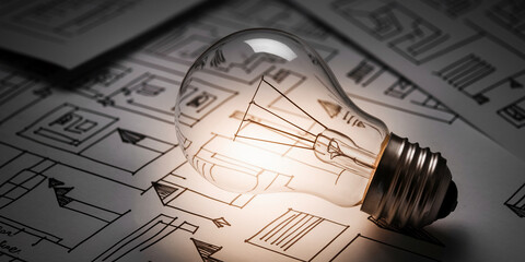 Glass lightbulb rests on architectural sketch, showcasing idea generation and design process, symbolizing innovation and creativity in architecture or engineering