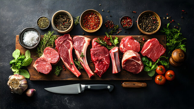 Overhead view gourmet meat preparation and dark mood culinary photography