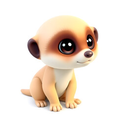 Fototapeta premium Meerkat – 3D baby meerkat, small curious face, big shiny eyes, tiny paws, pastel yellow and pink tones, white background Generative AI