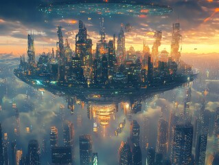 Fototapeta premium Futuristic floating city at sunset. A vibrant metropolis suspended in the clouds, showcasing advanced architecture and technology.