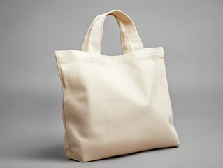 Beige cotton tote bag with no patterns or designs, placed against an empty wall on a dark wood textured floor, lit by soft natural light, showing its smooth quality and eco - friendly nature.