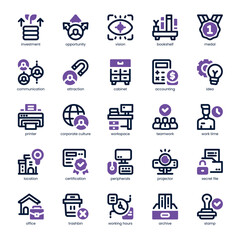 Office Culture Icon pack for your website, mobile, presentation, and logo design. Office Culture Icon dual tone design. Vector graphics illustration and editable stroke.