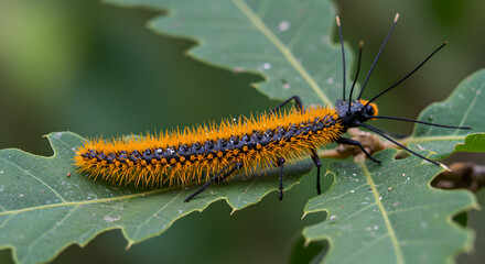 Fototapeta premium Striking Oak Processionary Caterpillar on Leaf: A Close-Up of Nature's Detail