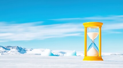 A bright yellow hourglass sits on a snowy landscape under a clear blue sky, symbolizing the passage of time in a serene environment.