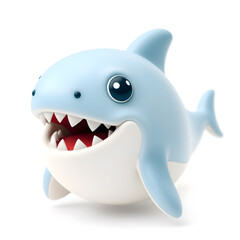 Fototapeta premium Megalodon – 3D baby Megalodon, giant round body, tiny soft teeth, big adorable eyes, pastel blue and white tones, white background Generative AI