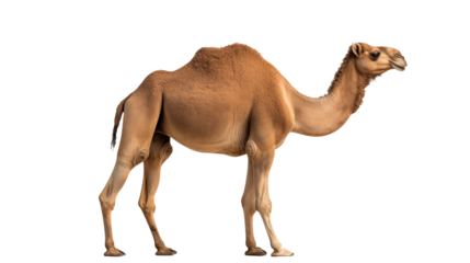 A dromedary camel standing in profile against black ground