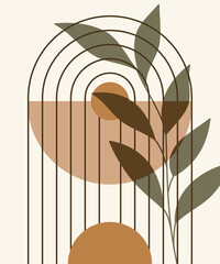 Estetyczna nowoczesna kompozycja z abstrakcyjnym elementem botanicznym, geometrycznymi kształtami. Ilustracja wektorowa do wykorzystania dla sztuki ściennej, tapet, dekoracji, wystroju wnętrz. © Monika
