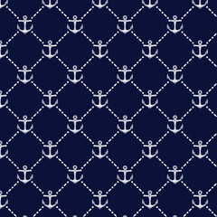 Nautical Anchor Seamless Pattern on Navy Blue. A seamless vector pattern featuring white anchors connected by dotted ropes on a navy blue background, perfect for nautical-themed designs.