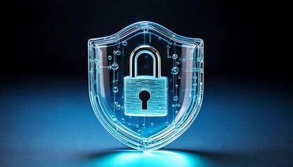 cadeado cibern&eacute;tico dentro de um escudo transparente, conceito seguran&ccedil;a digital