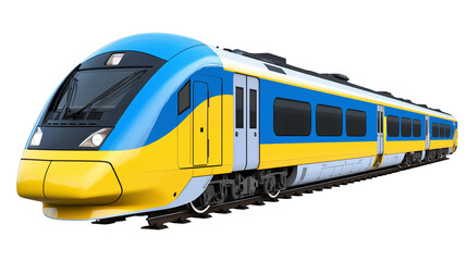 Naklejka premium A blue and yellow passenger train on a railway track side