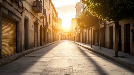 Obraz premium Sunlit European Street at Dawn: Golden Hour Streetscape