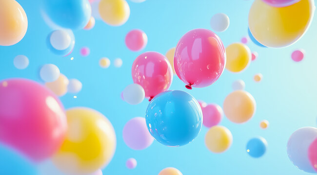 Colorful balloons floating against a bright blue sky, evoking joy and celebration.