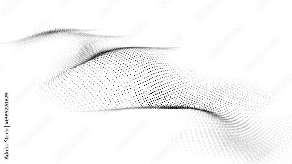 Poster futuristic wave of smoothly moving particles on white background. 3d rendering.