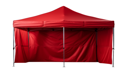 A red pop up canopy tent with metal frame on black background