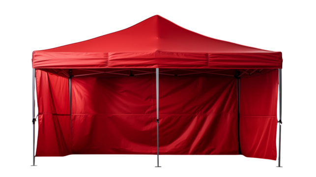 A red pop up canopy tent with metal frame on black background