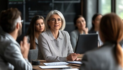 Mature Businesswoman Leads Team Meeting, Collaborative Discussion