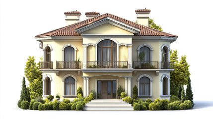 Fototapeta premium Elegant classic house with lush greenery on white background
