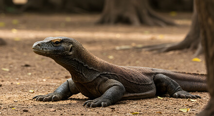 Fototapeta premium Komodo dragon resting under the shade of trees in its natural habitat