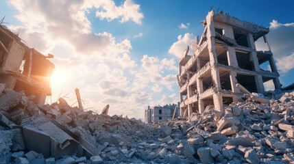 Fototapeta premium Destruction debris ruins building sky clouds sunlight landscape urban aftermath devastation concrete architecture rubble environment nature disaster scene horizon empty broken structure city