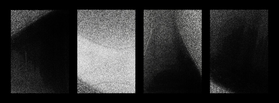 Abstract Geometric posters in Gray and White for graphic design. Grainy сollection in style y2kl with long dark hair in style Halftone Dots