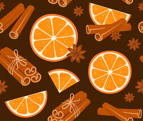 Seamless pattern with orange slices, cinnamon sticks tied with jute rope on brown background. Sweet cooking and bakery spices. Vector illustration