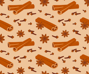 Seamless pattern with cinnamon sticks, dried cloves and star anise. Sweet cooking and bakery spices. Vector illustration