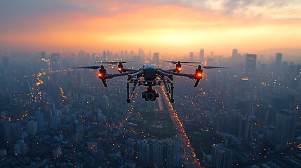 Naklejka premium Aerial Drone Capturing Urban Landscapes at Sunset with Advanced AI Technology