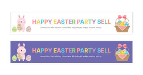 Cute bunny and eggs sharing banner for Christian Easter. Eggs with various patterns painted on them are exchanged to celebrate the resurrection and bless the other person.